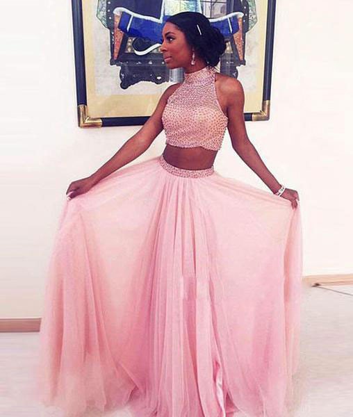 Prom Dresses,2 Pieces Formal Dress,pink Tulle Sequin Two Pieces Long