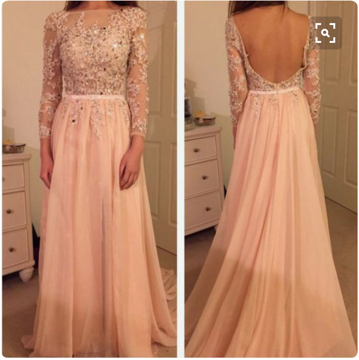 Lovely Pink Chiffon Backless Long Handmade Prom Dress With Lace