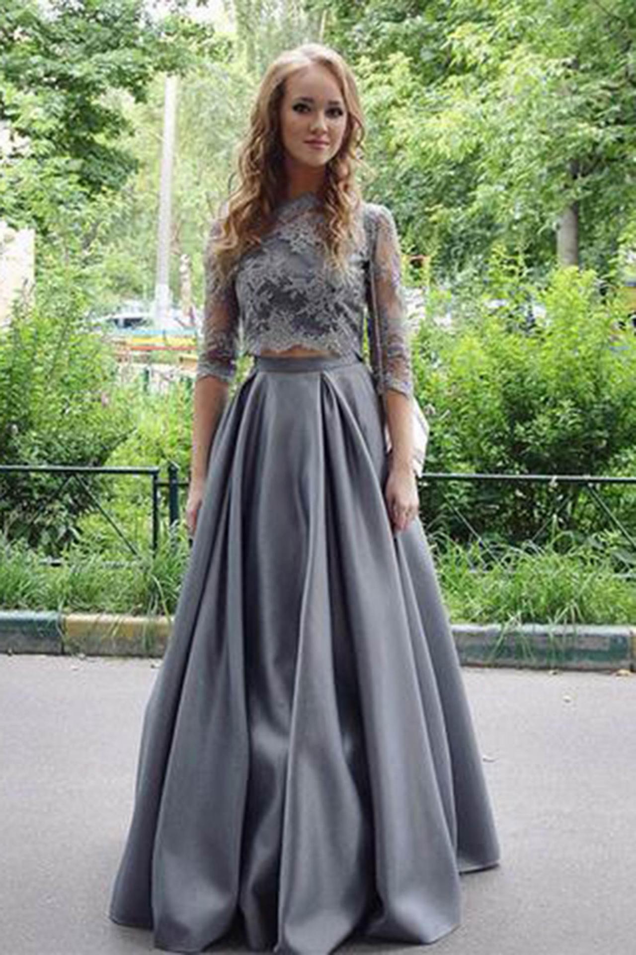 Prom Dresssexy Prom Dressgray Two Pieces Lace Sleeves Long Prom Dress Gray Evening Dress On 