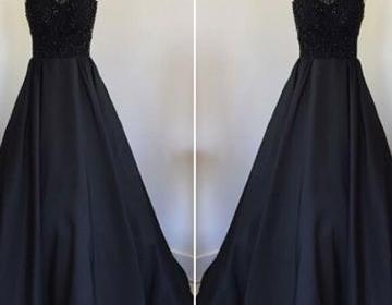 Prom Dresses,New Arrival Black Round Neck Satin Long Prom Dress, Black